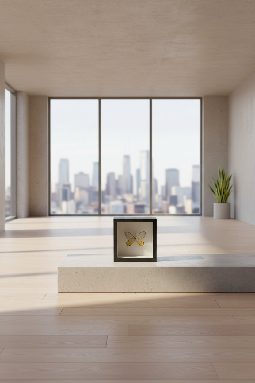 Amber Phantom yellow butterfly specimen displayed in a modern shadow box on a concrete platform with natural light and city skyline