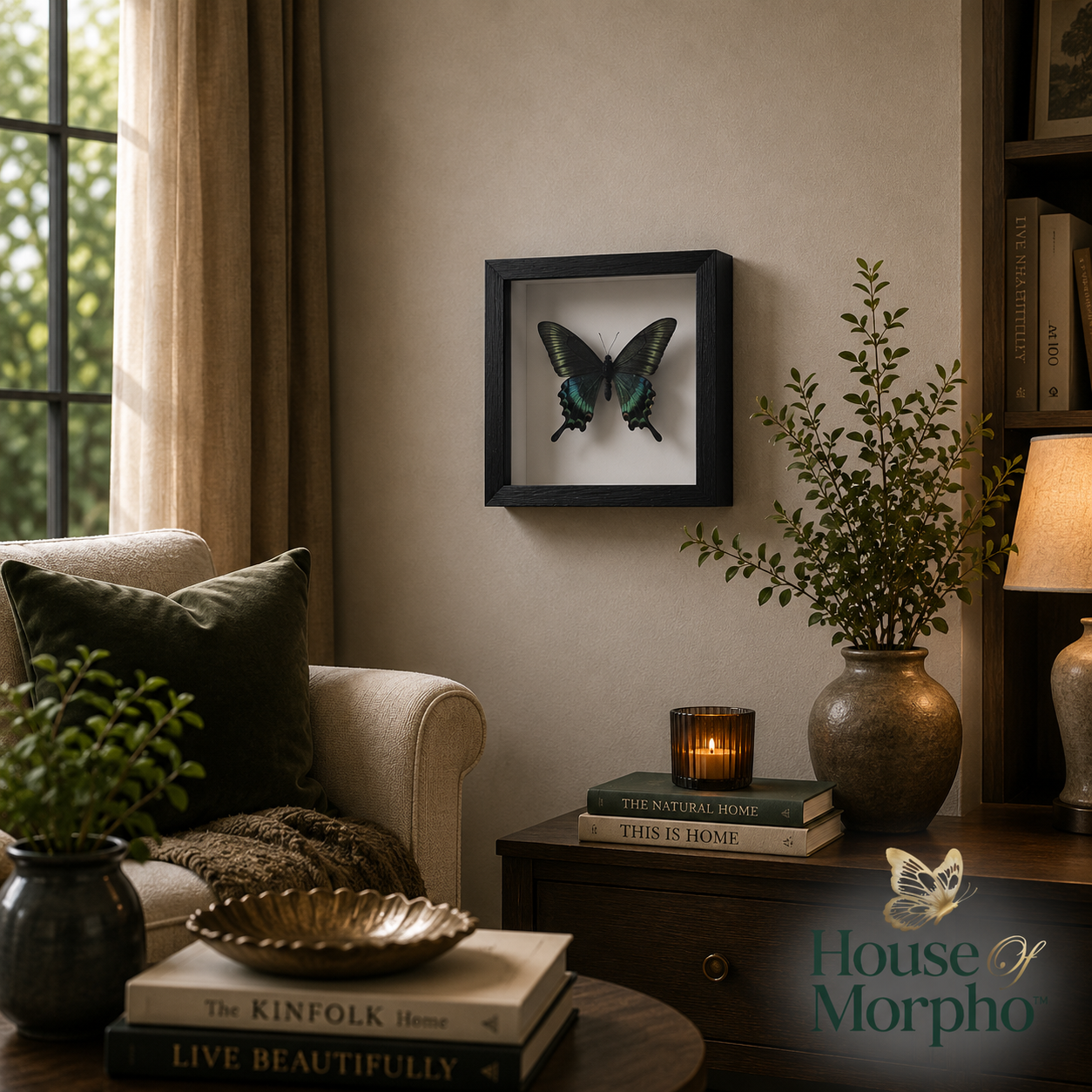A framed butterfly taxidermy display hangs on a beige wall in a styled living room setting with a sofa, books, and plants.