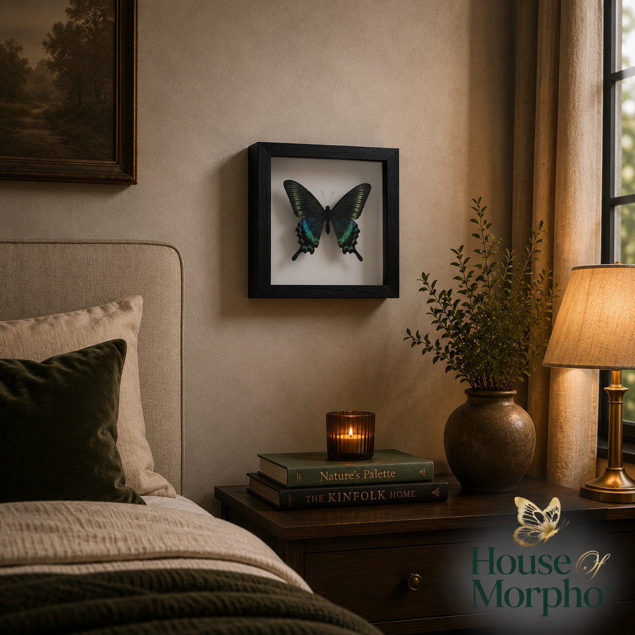 A framed butterfly wall art piece hangs above a bed in a styled bedroom. The black-framed display features a preserved blue-green butterfly mounted on a white background.