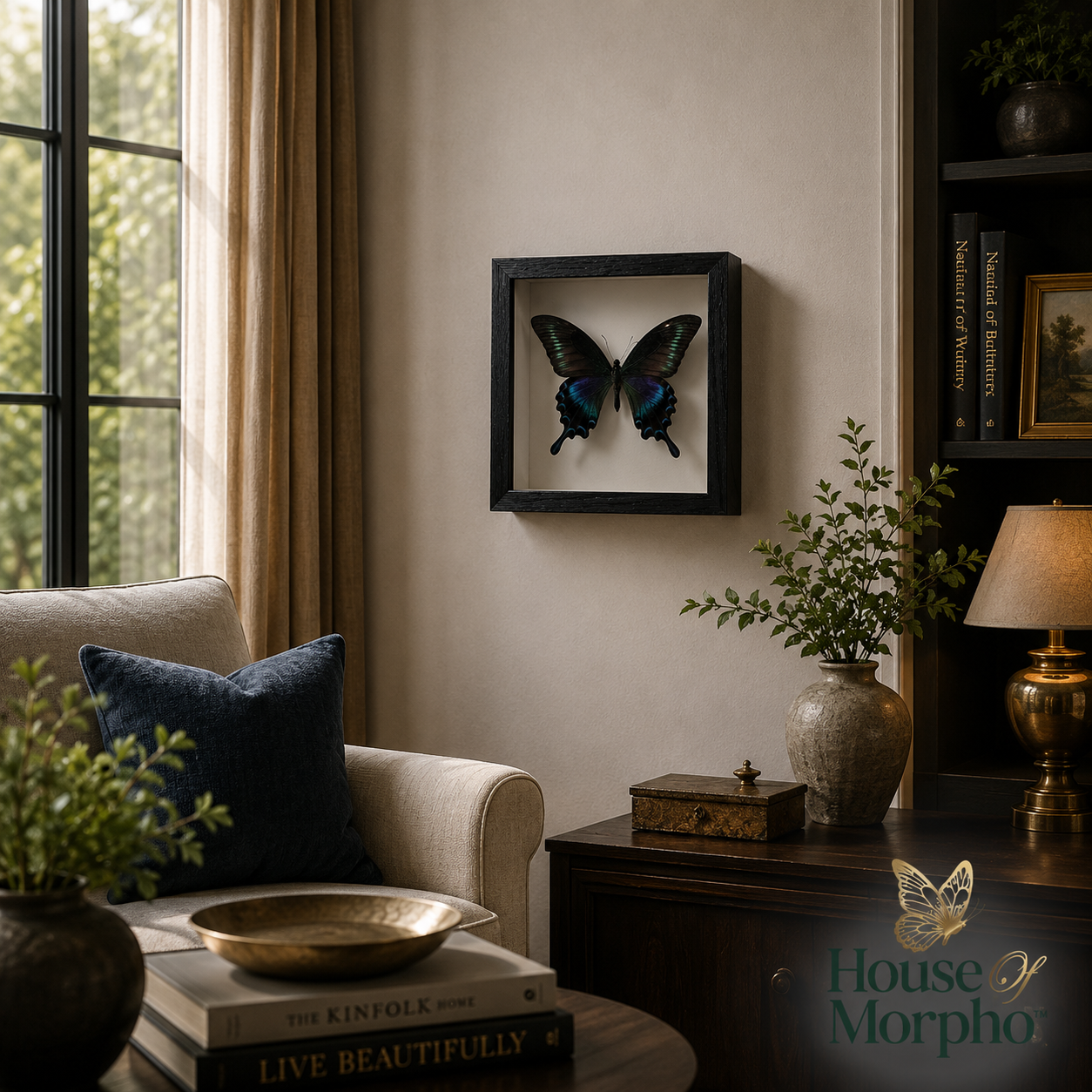 A framed butterfly wall art piece hangs on a beige wall in a styled living room corner with a chair, side table, lamp, and books. The butterfly artwork has dark wings with iridescent blue-green highlights in a black frame.