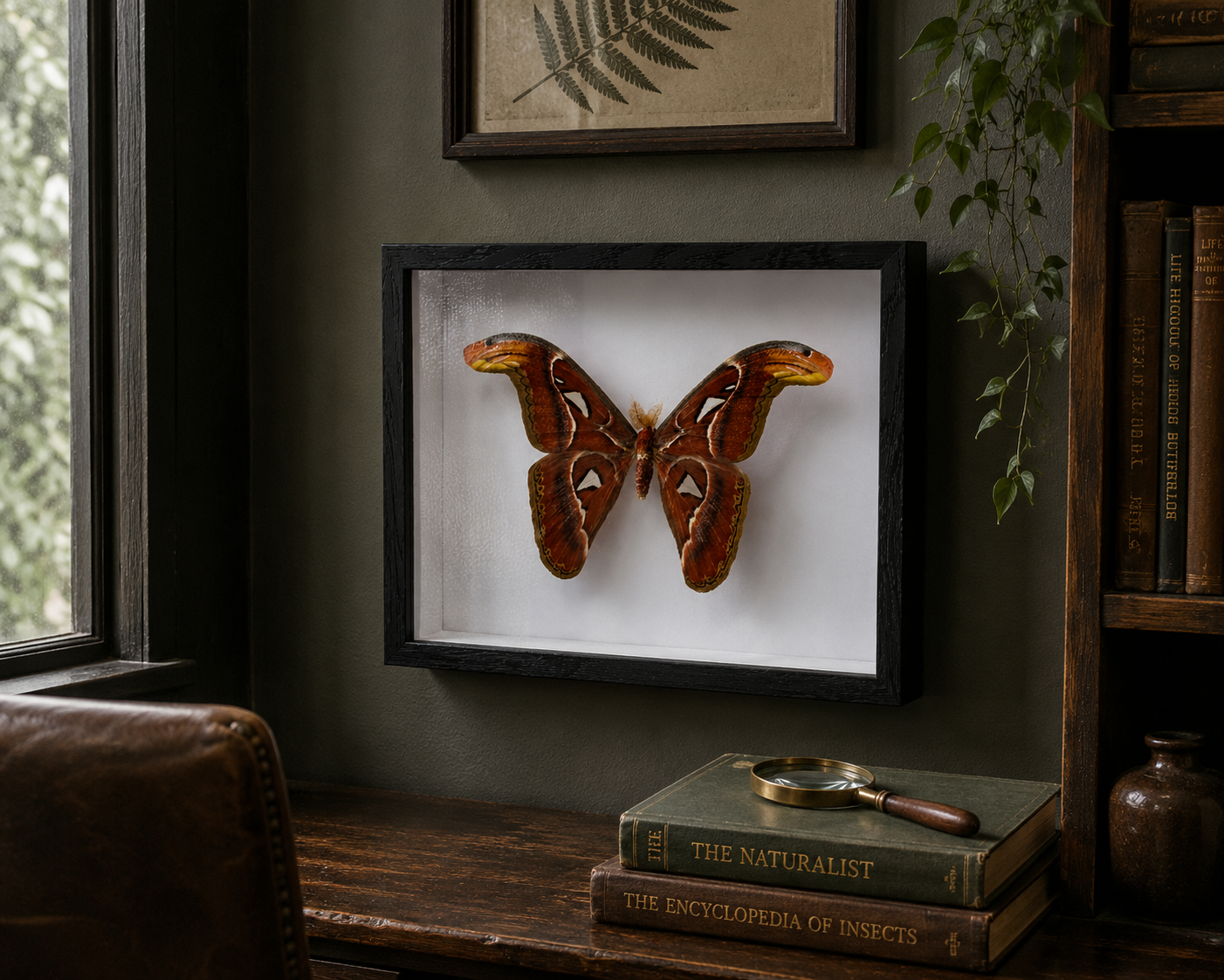 A framed taxidermy butterfly mount displayed on a dark wall in a rustic room setting, with books and a plant nearby.