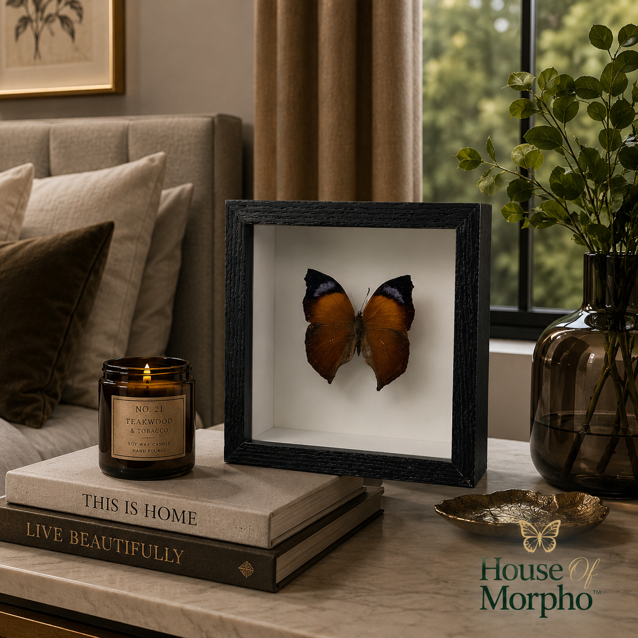 A framed butterfly specimen display sits on a tabletop in a styled bedroom or living space, surrounded by a candle, stacked books, a glass vase with greenery, and a sofa in the background. The frame is black with a white interior and a preserved orange-brown butterfly with dark blue-black wings.