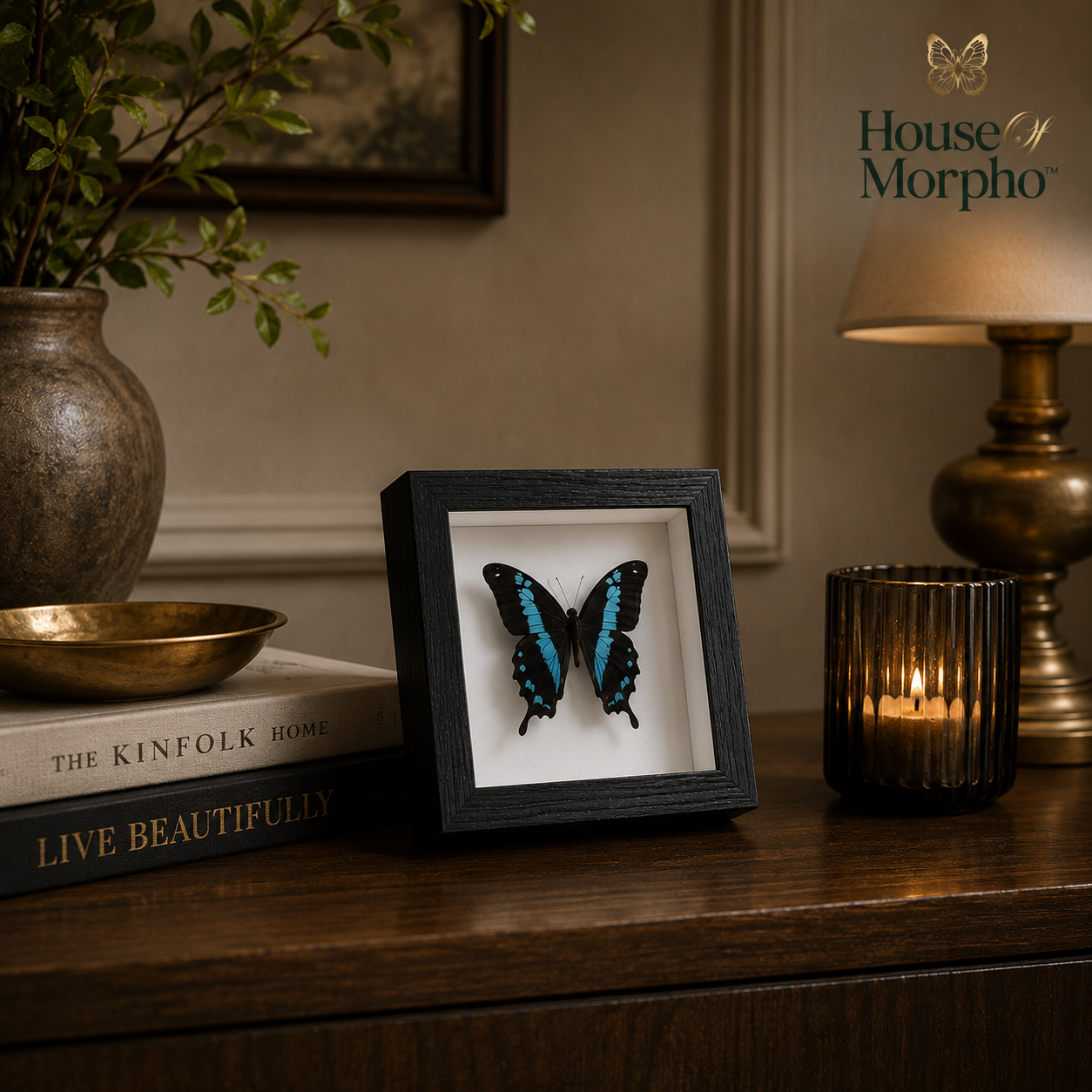 A framed butterfly specimen display sits on a wooden console table in a styled interior setting with a lamp, candle, books, and a vase in the background. The frame is black with a white backing and features a blue-and-black butterfly.