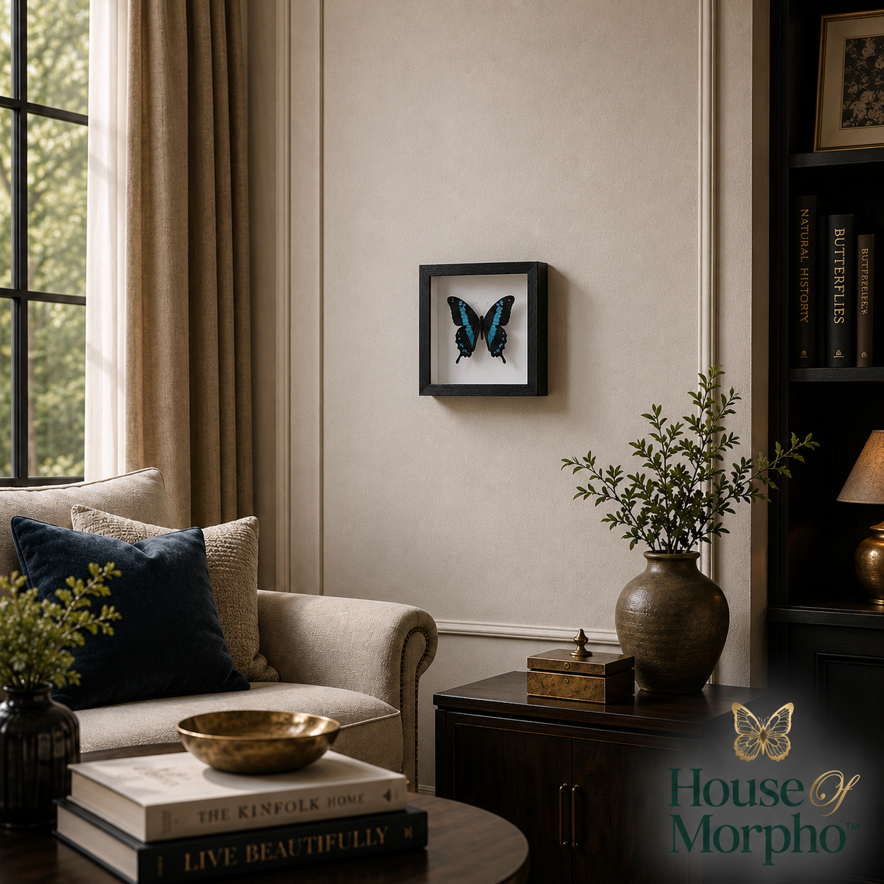 A framed butterfly wall art piece hangs on a beige wall in a styled living room setting with a sofa, books, and a vase.