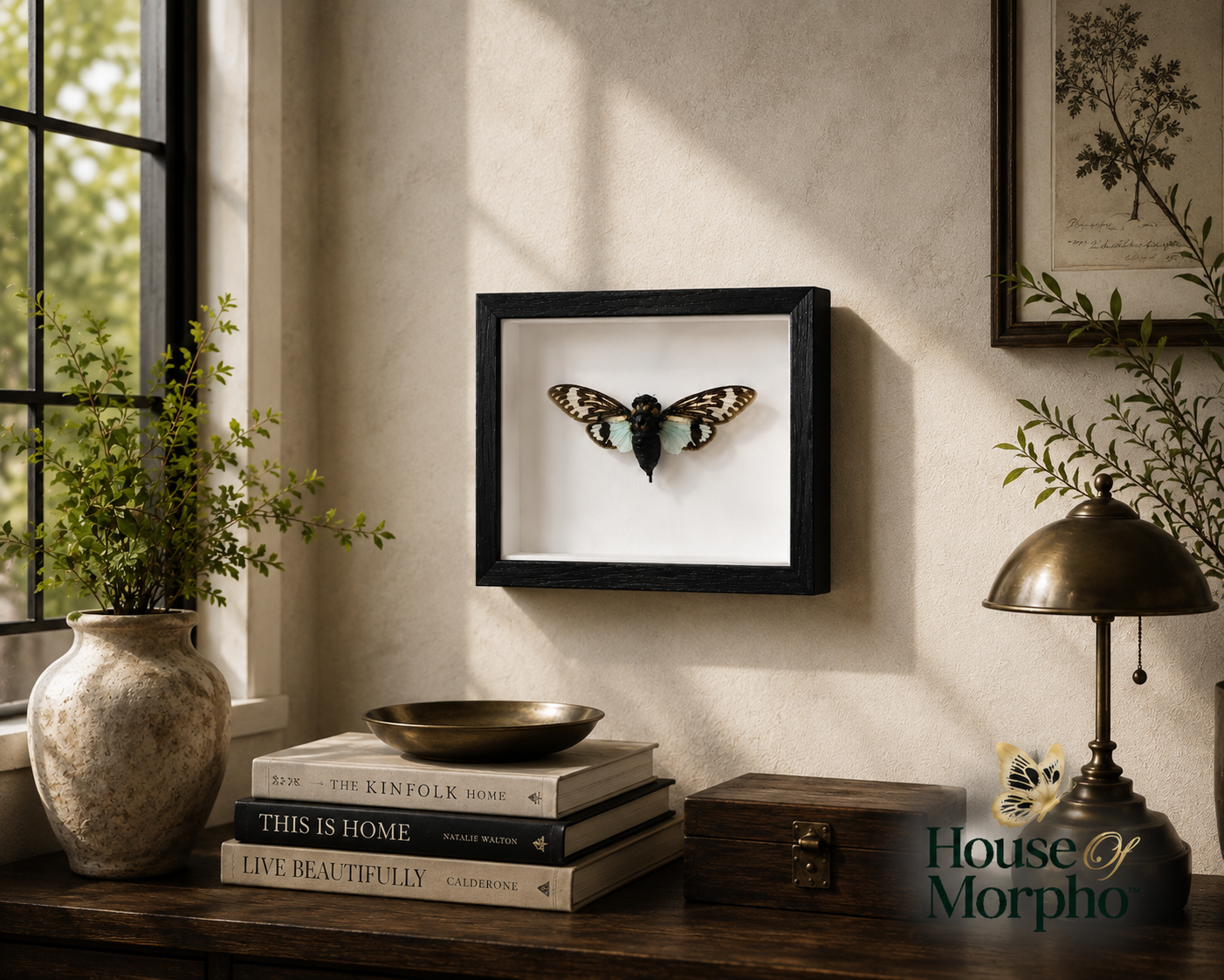 A framed butterfly and moth taxidermy collection displayed on a beige wall in a beautifully styled room with a wooden shelf, books, a lamp, and a vase.