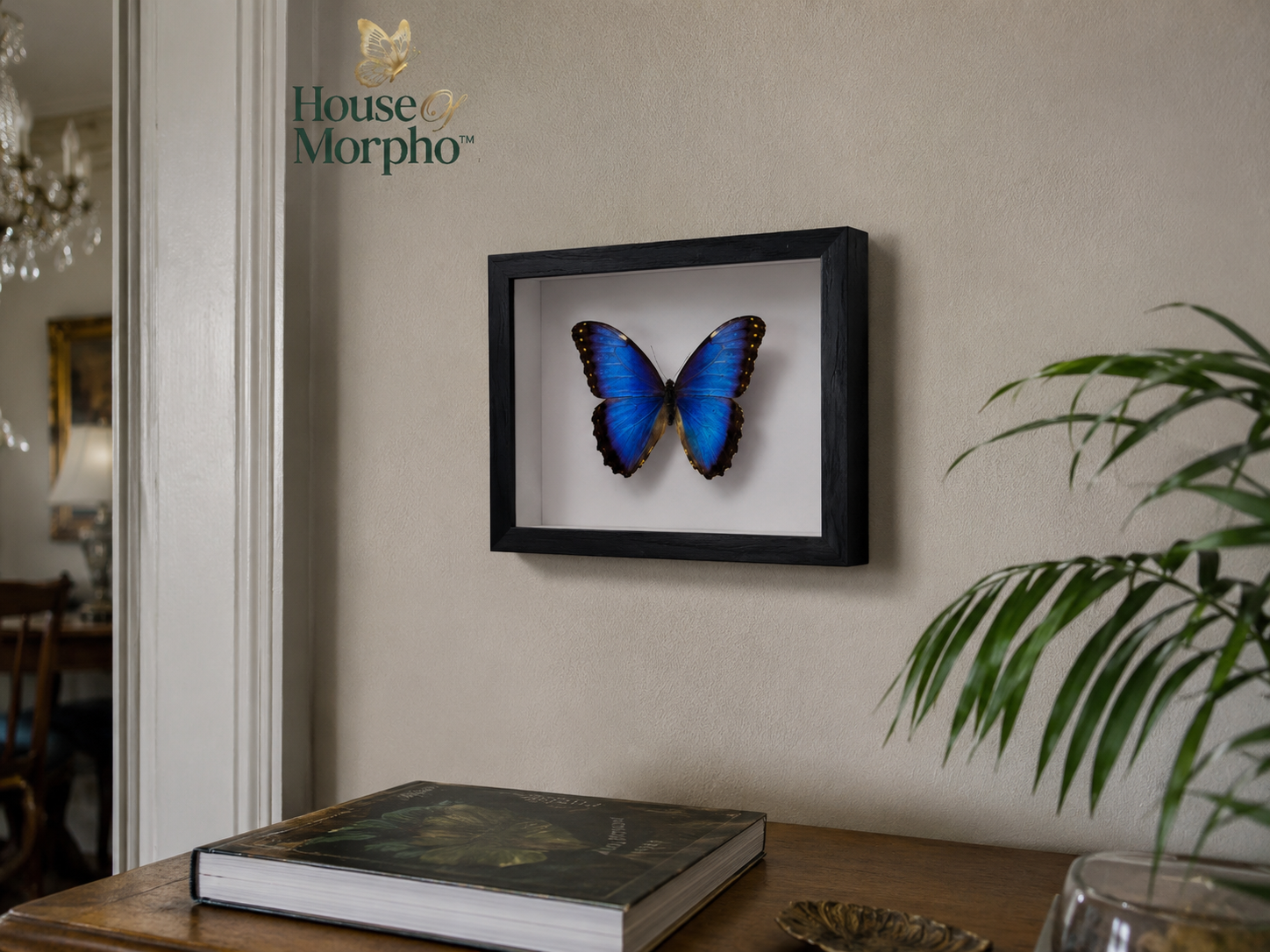 A framed blue morpho butterfly wall art piece displayed on a beige wall in a home interior setting, with a wooden table, book, and plant visible below.