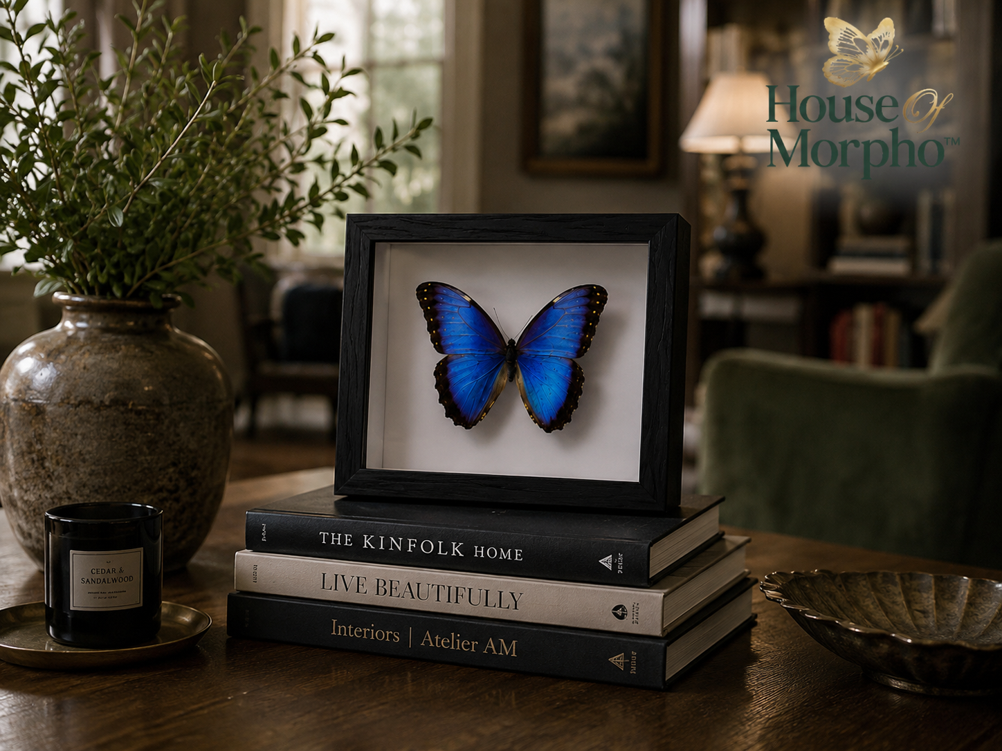 A framed blue morph butterfly taxidermy piece displayed on a stack of books on a wooden table in a styled interior setting. The black frame contains a vibrant blue morph butterfly mounted on a white backing.