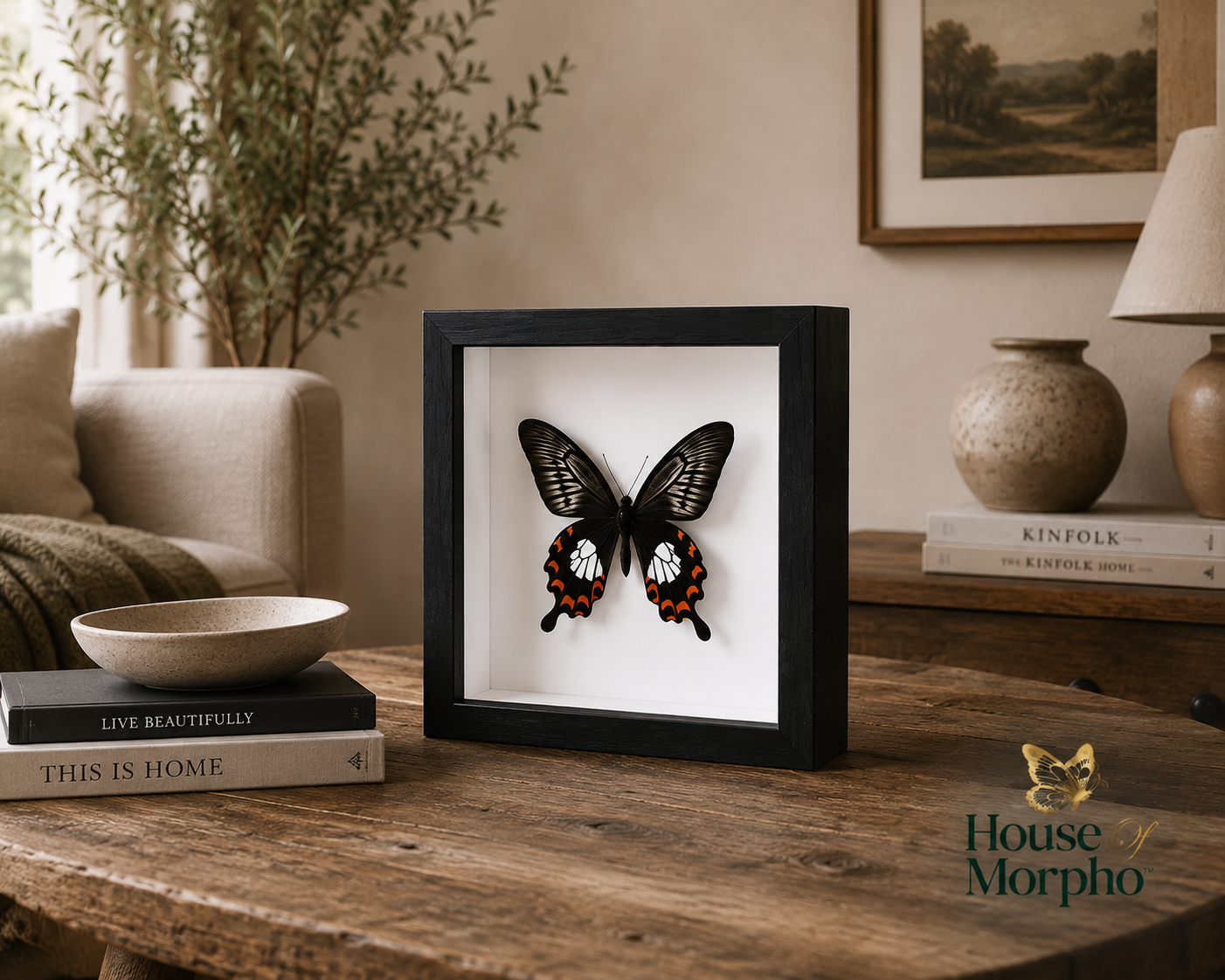 A framed butterfly wall art piece displayed on a rustic wooden table in a styled living room setting. The black shadow box features a mounted butterfly with black, orange, and white wings on a white background.