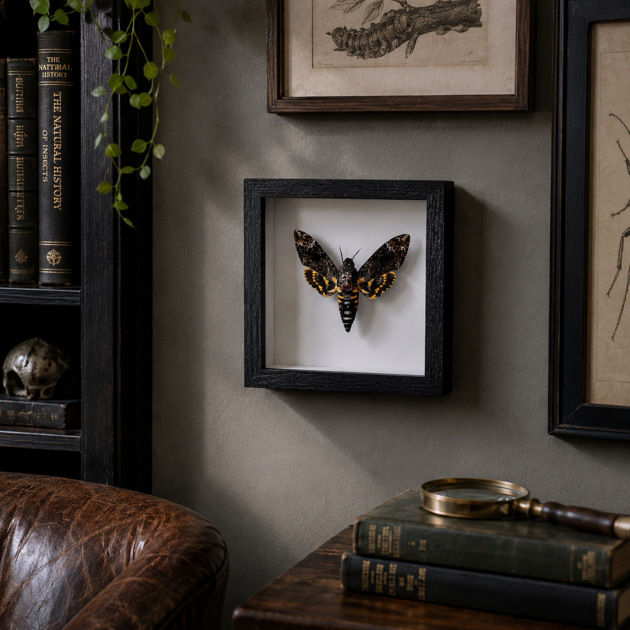 A framed taxidermy moth specimen displayed on a white backing inside a black square shadow box, mounted on a textured gray wall in a styled room setting with books, a leather chair, and framed prints.