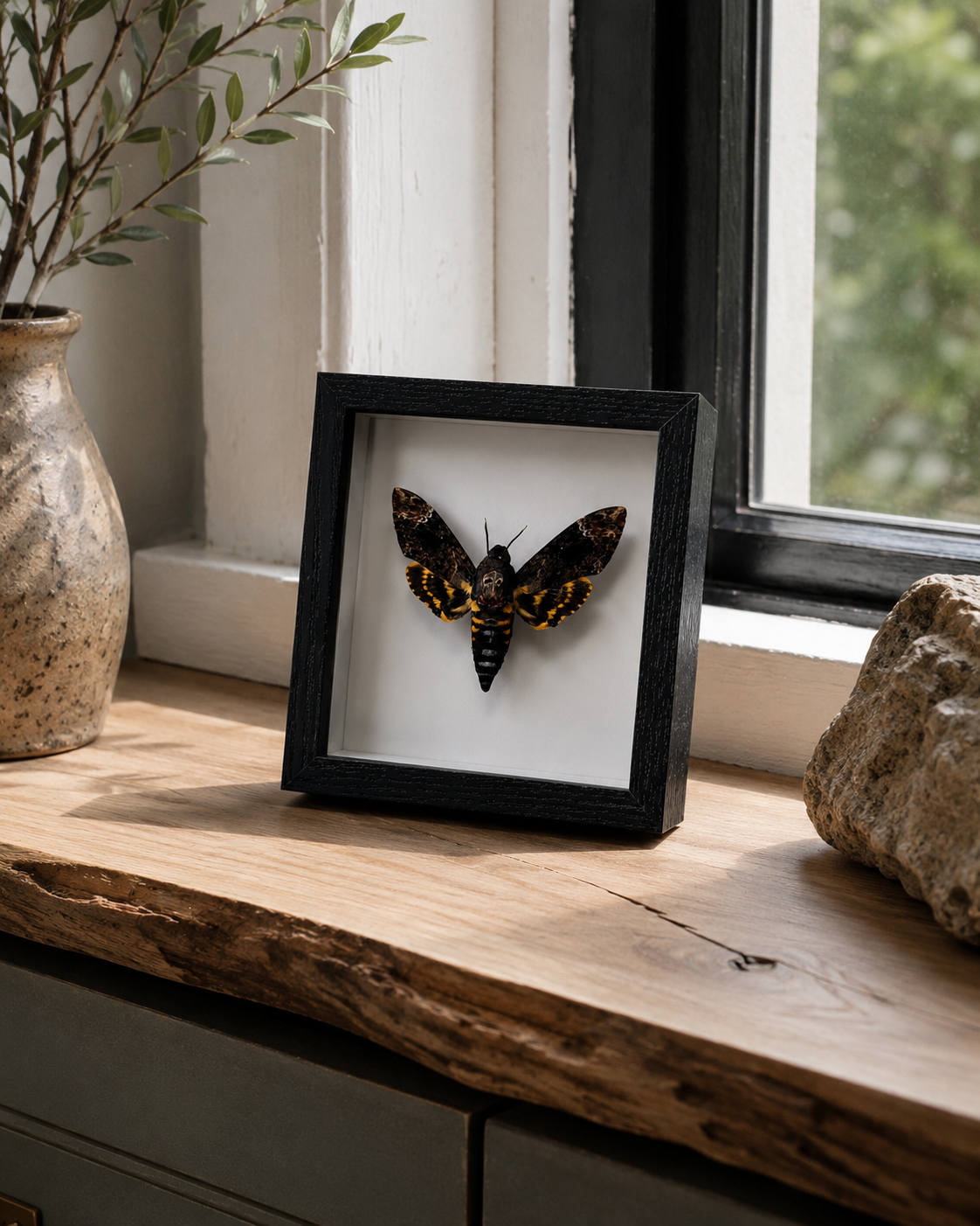 A framed black moth taxidermy specimen displayed on a rustic wooden windowsill next to a ceramic vase and a stone.