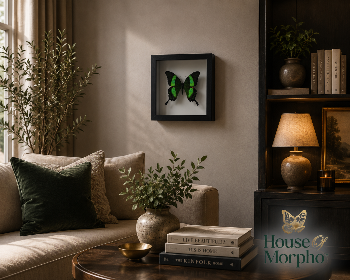 A framed green butterfly wall art piece hangs on a beige wall in a styled living room with a sofa, plants, books, and a lamp. The frame is black and the butterfly has bright green wings with dark green accents.