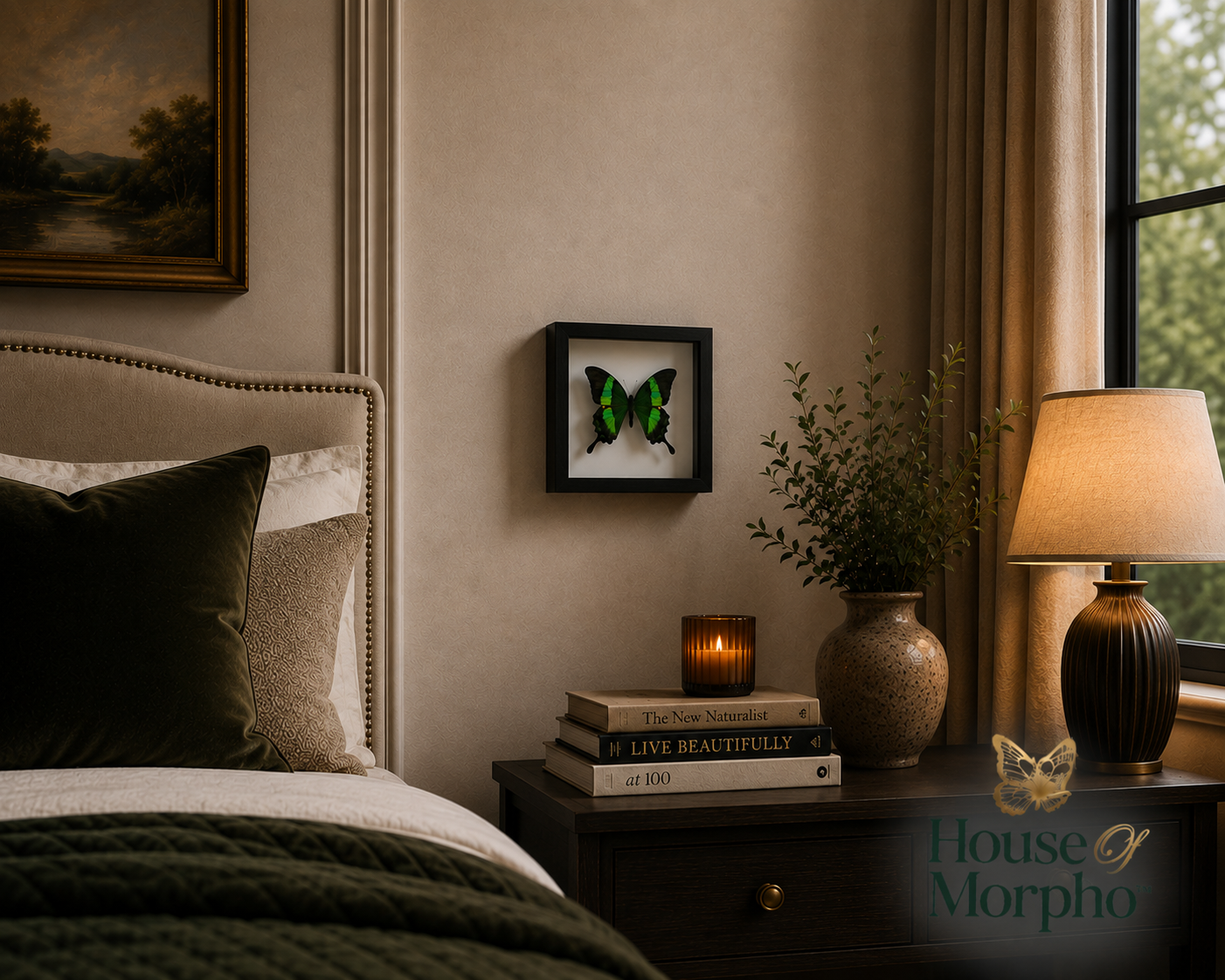 A framed green butterfly wall art piece hangs on a beige wall in a styled bedroom setting next to a bed, nightstand, lamp, and vase.