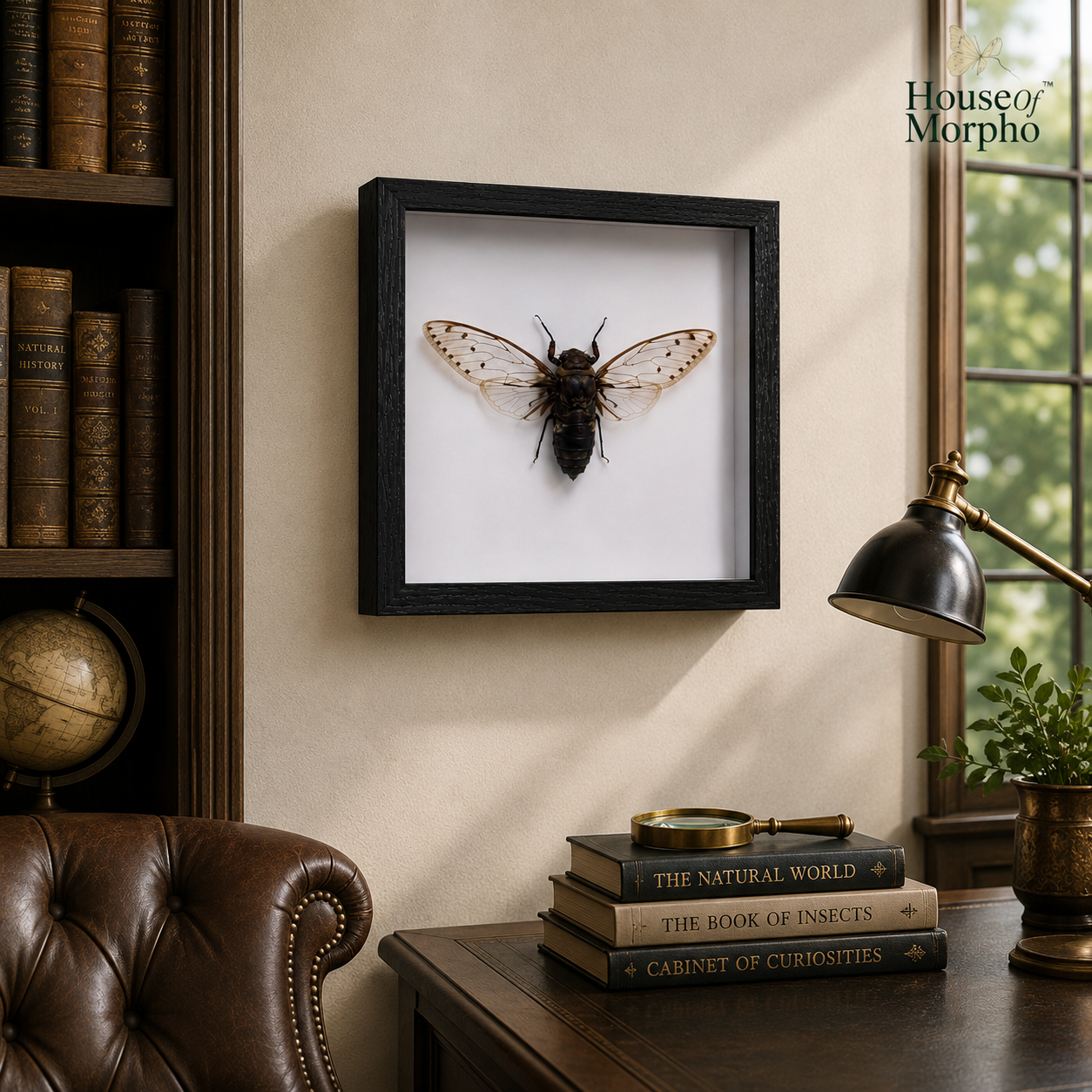 A framed preserved insect specimen mounted on a white backing and hung on a beige wall in a styled room with a bookshelf, desk, lamp, and window. The frame is black and the insect has dark wings with pale tan edges.