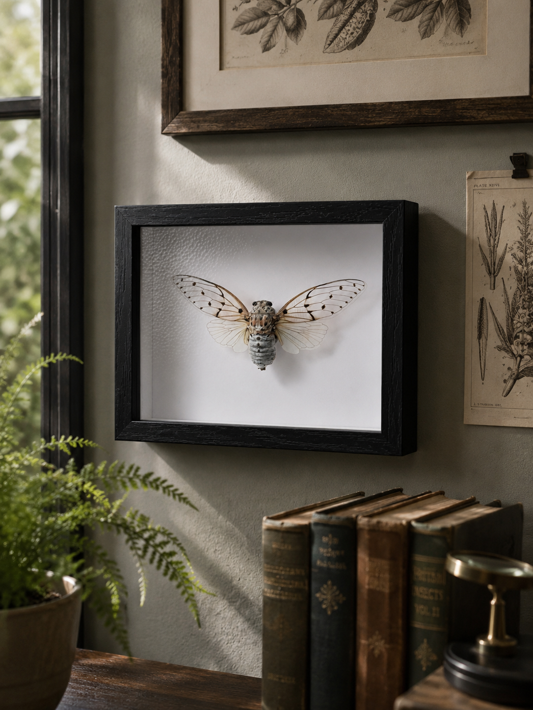 A framed cicada taxidermy specimen displayed on a light gray wall in a styled room setting with vintage books, a potted fern, and botanical prints.