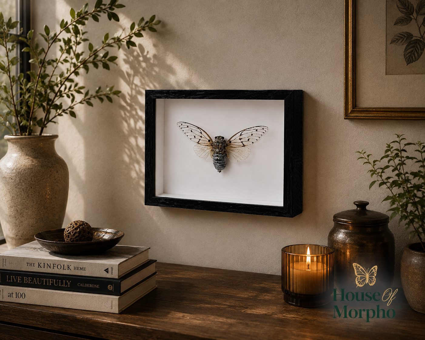 A framed cicada insect wall art piece displayed on a beige wall above a wooden console table with books, a ceramic vase, and a lit candle. The black frame contains a preserved winged insect mounted on a white backing.