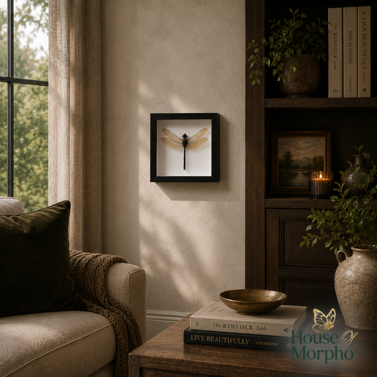 A framed dragonfly wall art piece hangs on a beige wall in a styled living room corner with a sofa, bookshelf, candle, and potted plant.