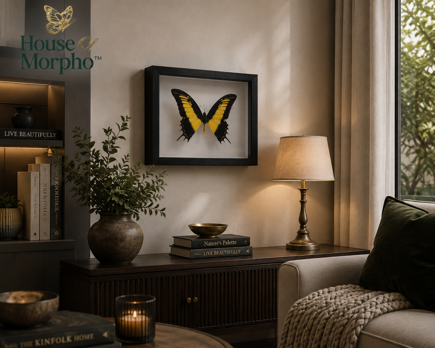 A framed butterfly wall art piece with black and yellow wings displayed in a black frame, hanging on a beige wall in a styled living room setting with a lamp, books, and a sofa.