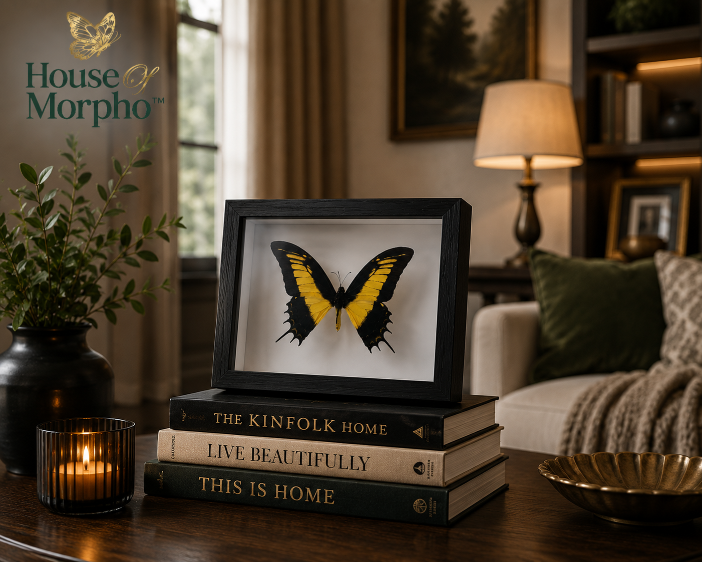 A framed butterfly taxidermy display on a stack of books on a wooden table in a cozy living room setting. The House of Morpho logo is visible in the upper left corner.