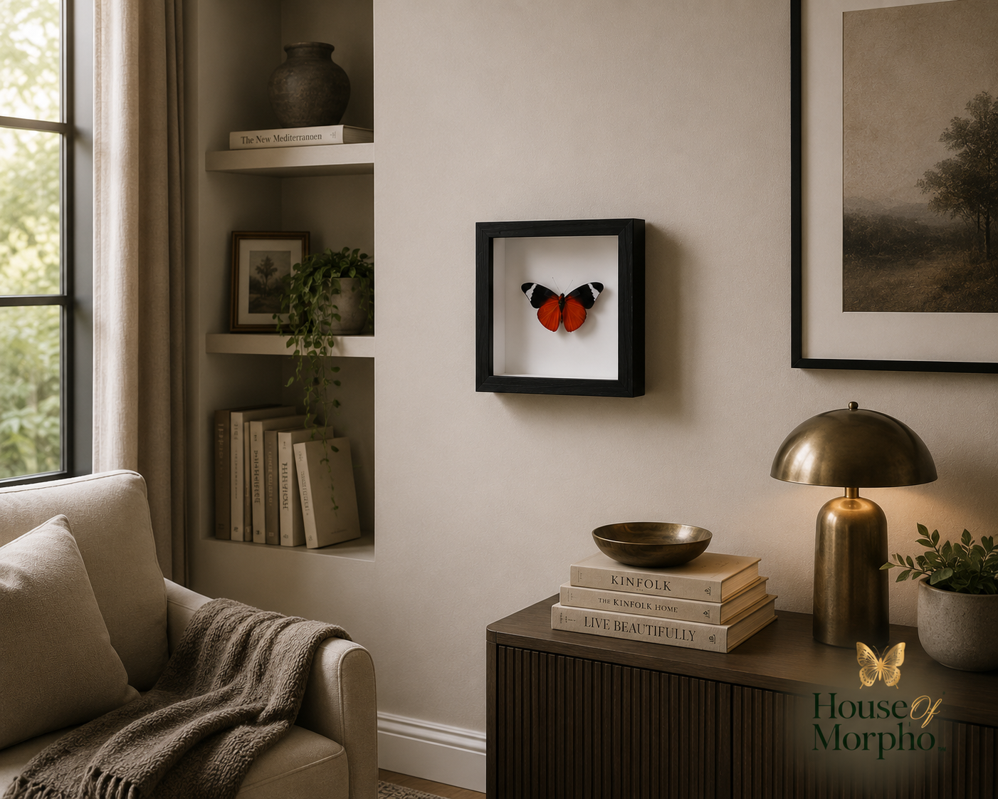 A framed butterfly taxidermy display hangs on a beige wall in a styled living room setting with a sofa, shelves, books, and a brass lamp.