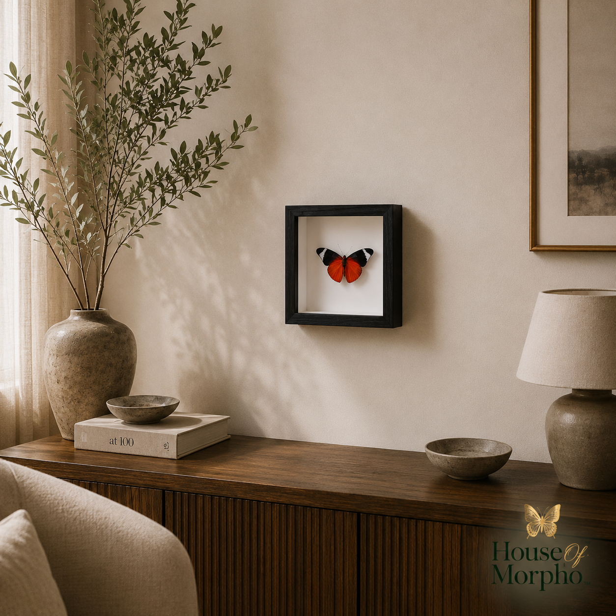 A framed butterfly wall art piece hangs on a beige wall above a wooden console table in a styled interior. The black shadow-box frame displays a preserved butterfly with red, black, and white wings on a white background.