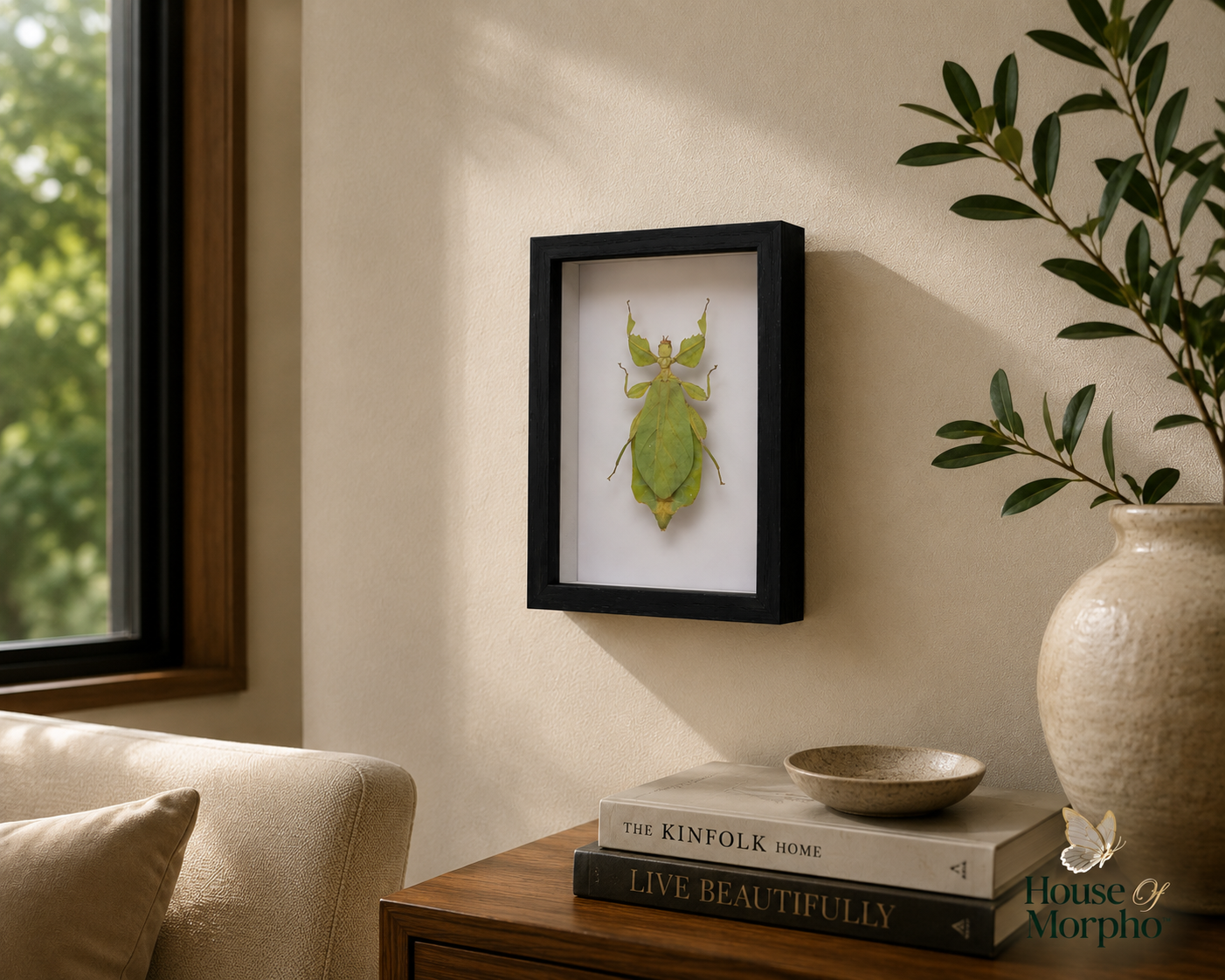 A framed wall art piece featuring a green leaf insect mounted on a white background, displayed in a black frame on a beige wall in a styled room setting with a window, sofa, books, and a vase.