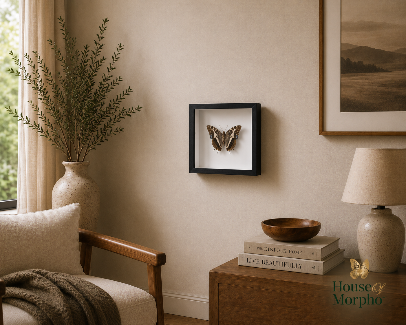 A framed butterfly taxidermy specimen displayed on a beige wall in a styled room setting with a chair, lamp, books, and a vase.